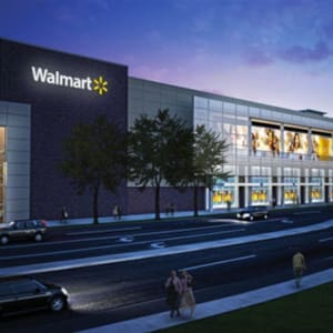 A rendering of a walmart store at dusk.