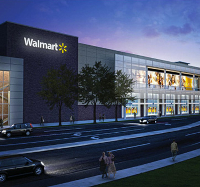 A rendering of a walmart store at dusk.