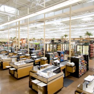 A large grocery store with a lot of counters.