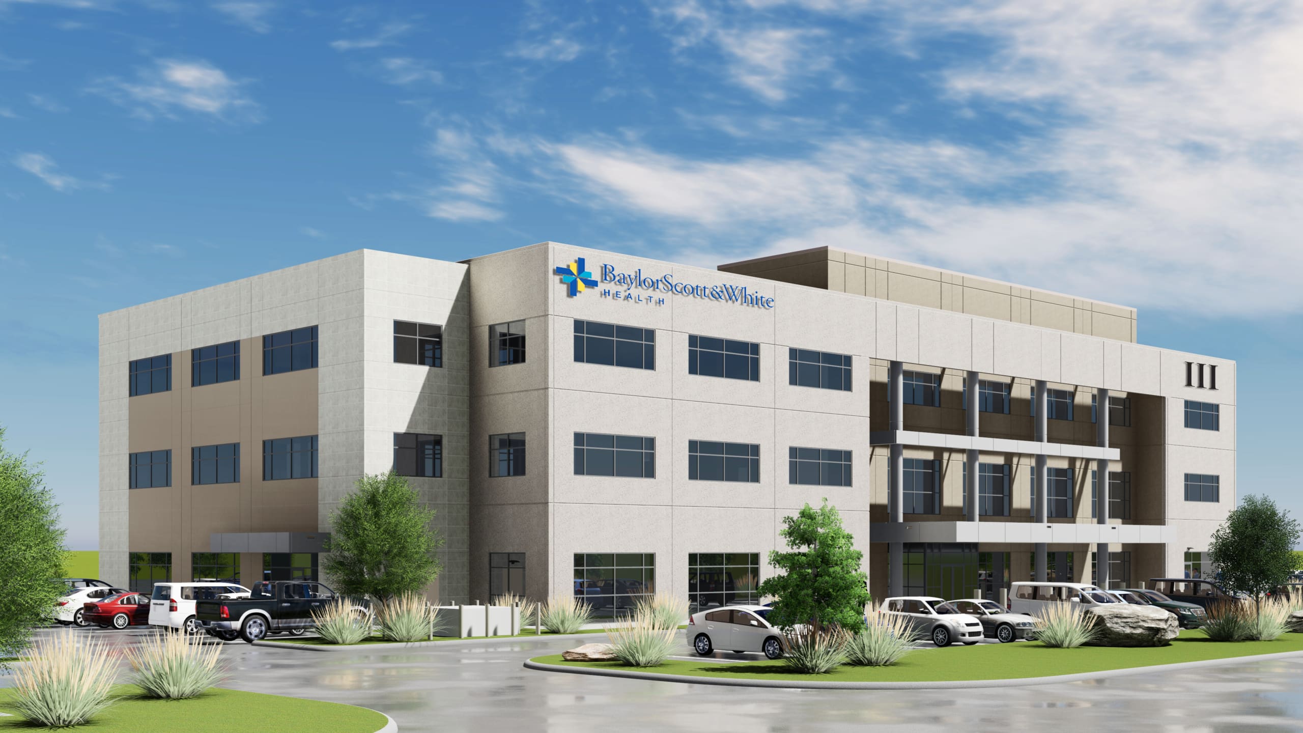 Rendering of a modern three-story baylor scott & white health clinic under a clear blue sky, with parked cars and lush greenery surrounding the building.