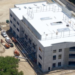 An aerial view of a building under construction.