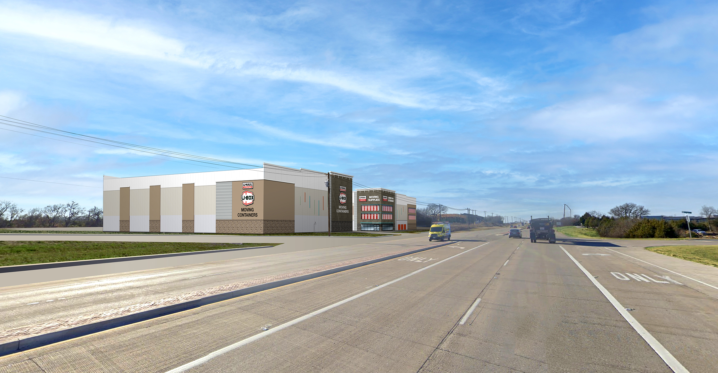 An artist's rendering of a road with a building in the background.