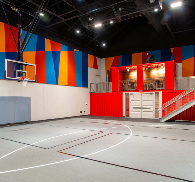 A basketball court in a gym.