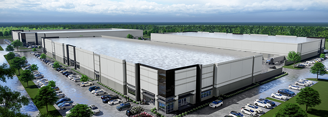 An artist's rendering of a large warehouse.