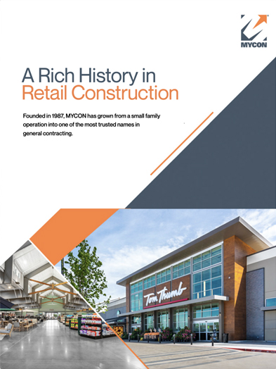 A flyer titled "A Rich History in Retail Construction" highlights MYCON's growth since 1987. It features images of a supermarket interior and exterior with the MYCON logo in the top right corner.