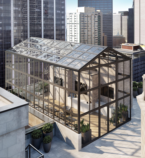 Glass-walled greenhouse on a rooftop amidst tall city buildings, featuring potted plants, large windows, and a spacious interior with brick walls.