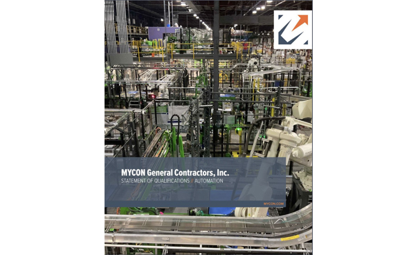 Industrial facility with extensive network of pipes and machinery. Text overlay reads "MYCON General Contractors, Inc. Statement of Qualifications Automation".