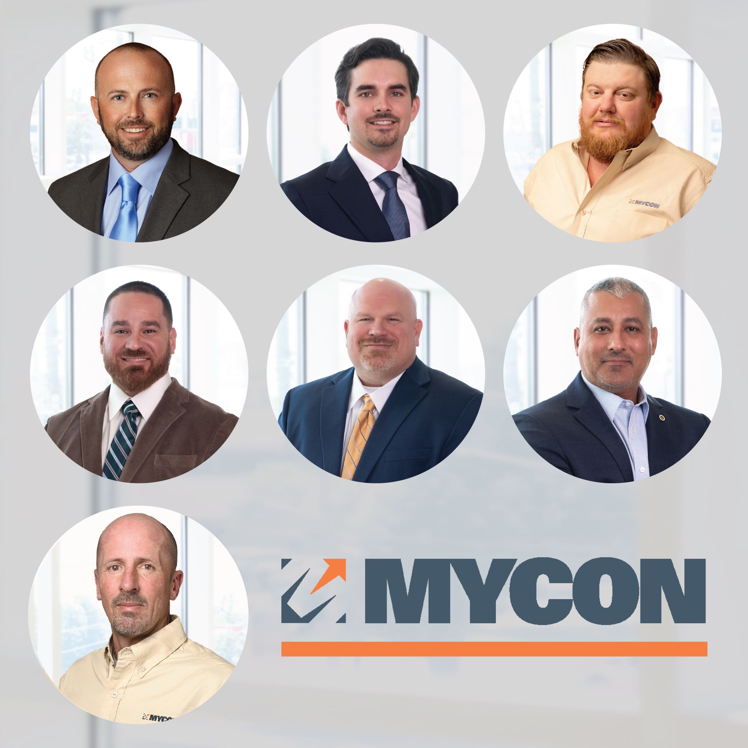 Group photo of seven men in formal and business casual attire, each in a separate circular frame. The MYCON logo is displayed below their images.