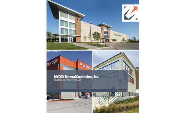 Collage of modern storage buildings with "MYCON General Contractors, Inc. Portfolio Self Storage" text overlay.