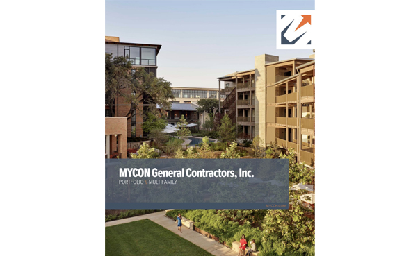 Cover of MYCON General Contractors, Inc. portfolio for multifamily projects, showing a residential complex with greenery and modern buildings.