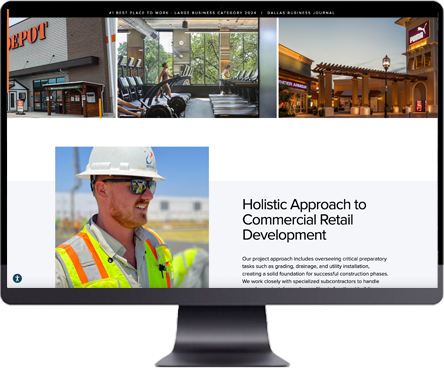 Computer screen displaying a webpage with images of a hardware store, a gym, a shopping area, and a construction worker. Text reads, "Holistic Approach to Commercial Retail Development.