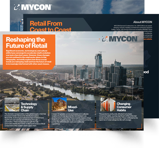 Image of a document with the title "Reshaping the Future of Retail" featuring an aerial view of a cityscape and sections on technology, mixed-use, and changing consumer habits.