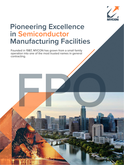 Promotional poster for MYCON highlighting excellence in semiconductor manufacturing facilities and retail construction expertise, featuring a city skyline, worker, and company branding.