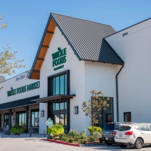 Exterior view of a Whole Foods Market store on a sunny day, with parked cars in front and a "Now Open" sign above the entrance.