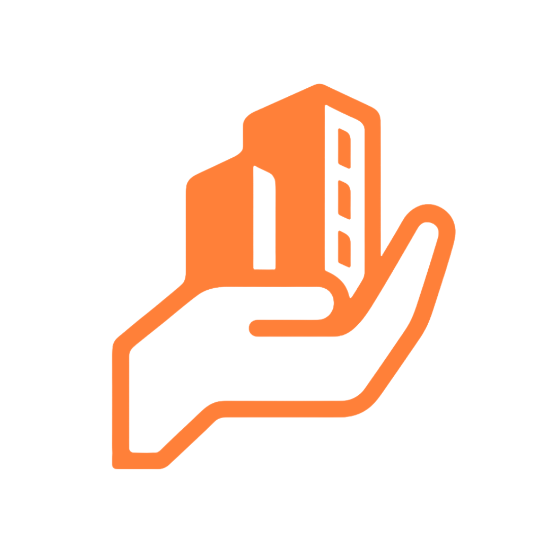 An orange outline of a hand holding a simplified building, representing commercial construction or property management, on a white background.