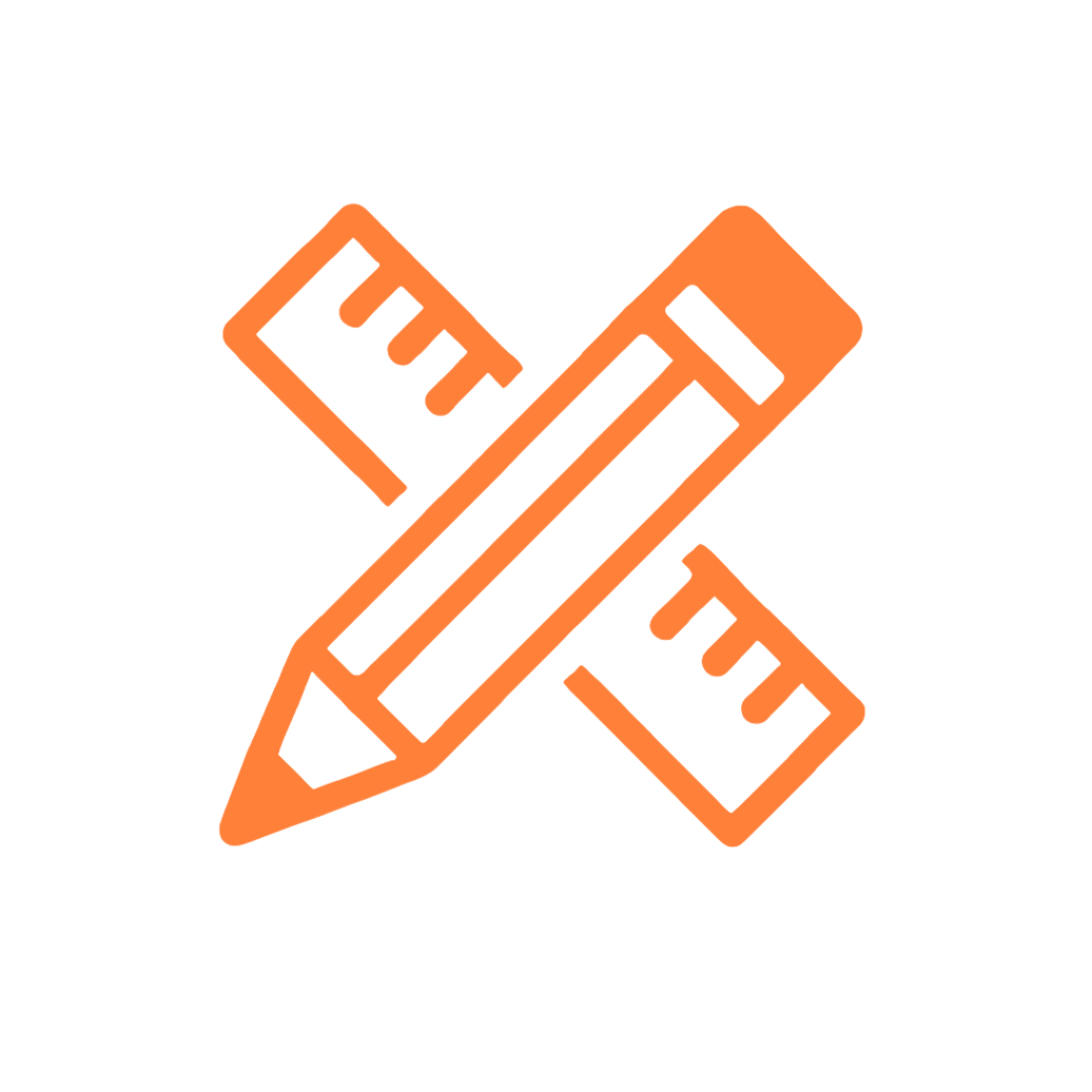 Orange icon of a pencil and ruler crossed over each other on a light gray background, symbolizing design and precision in commercial construction.