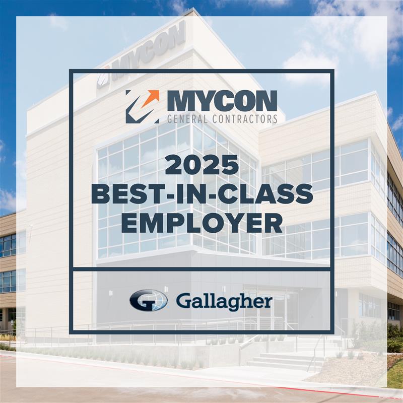 A building with the MYCON General Contractors logo and text overlay reading "2025 Best-in-Class Employer" and the Gallagher logo below.