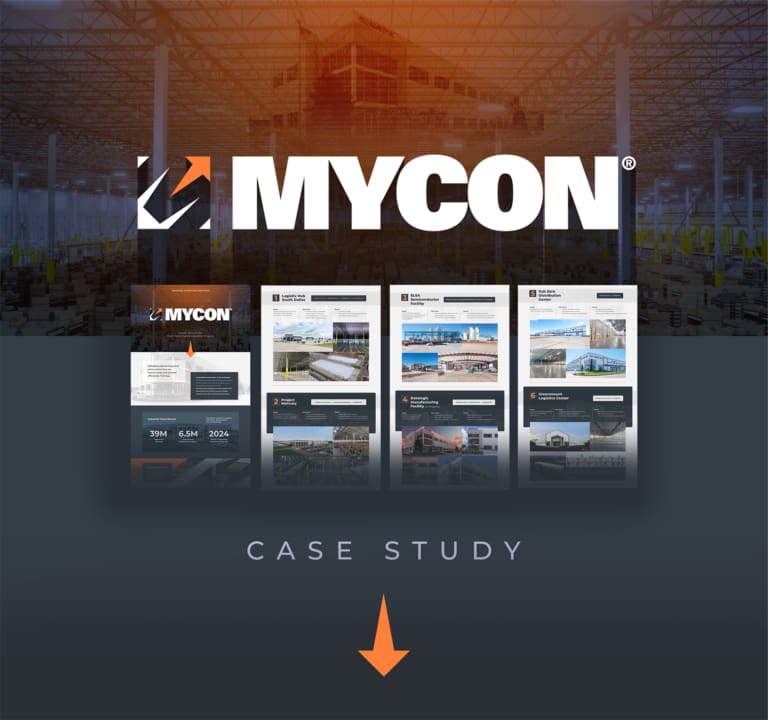 MYCON logo above a display of multiple case study report pages highlights our Retail Construction Expertise, set against a warehouse background with the text "CASE STUDY" and an orange downward arrow below.