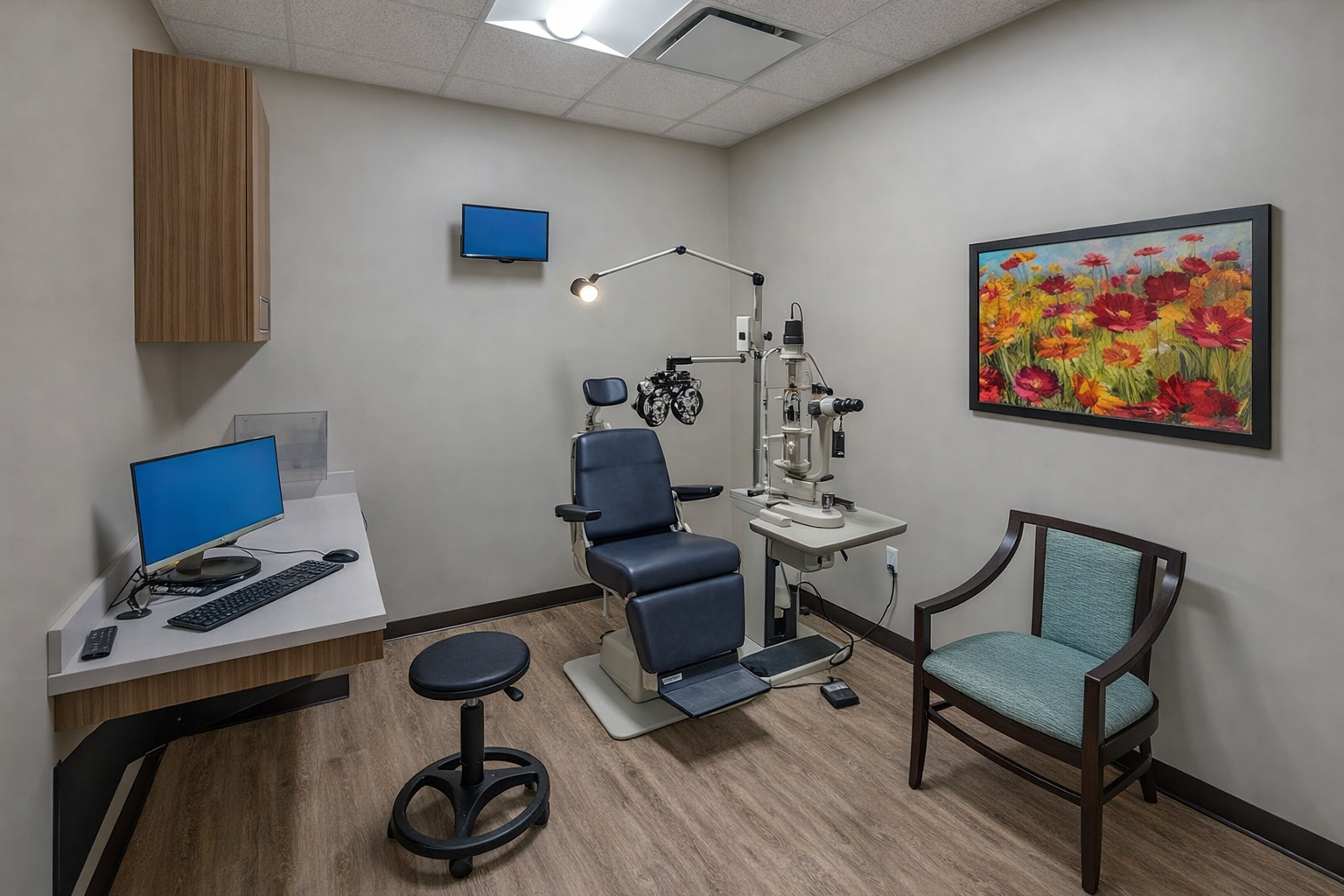 An eye exam room with an exam chair, slit lamp, computer desk, stool, guest chair, wall cabinet for organized storage, and a colorful flower painting on the wall—perfectly arranged like a self storage unit for medical essentials.